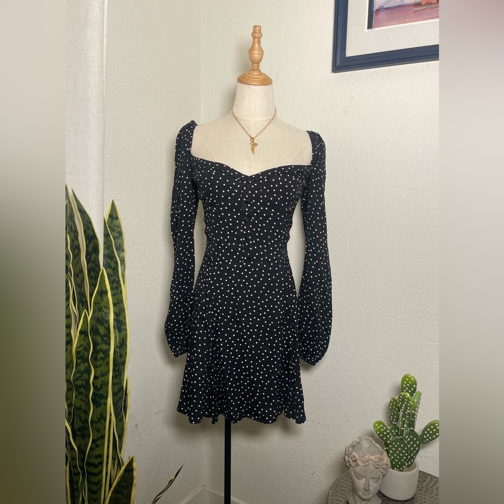 Reformation Lucia Dress Black Polka Dot Sweetheart Mini Size 8